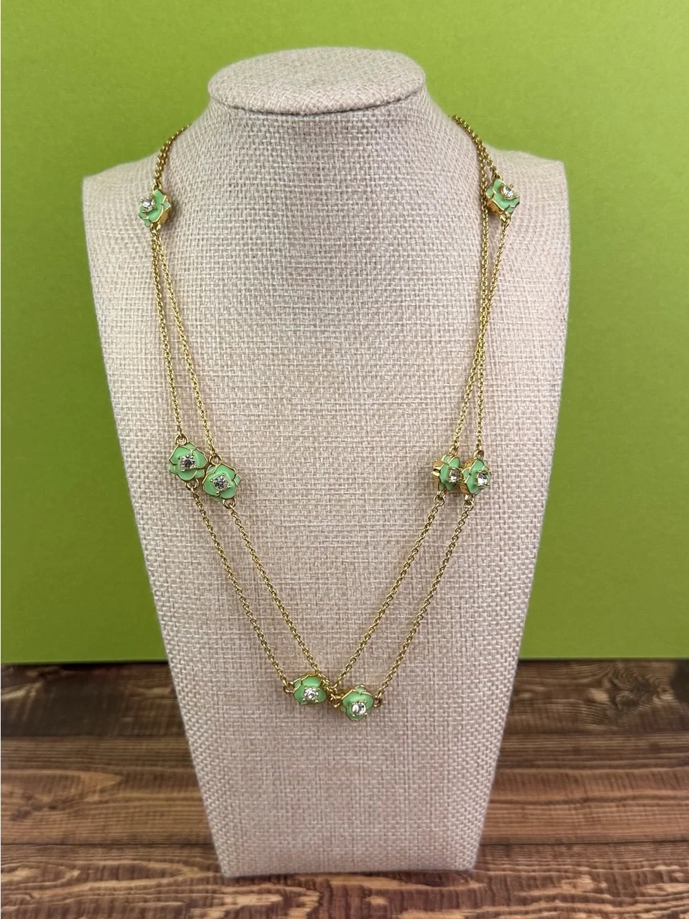 Kate Spade Crystal Rose Garden Long Scatter Necklace | Mint Green Enamel & Gold